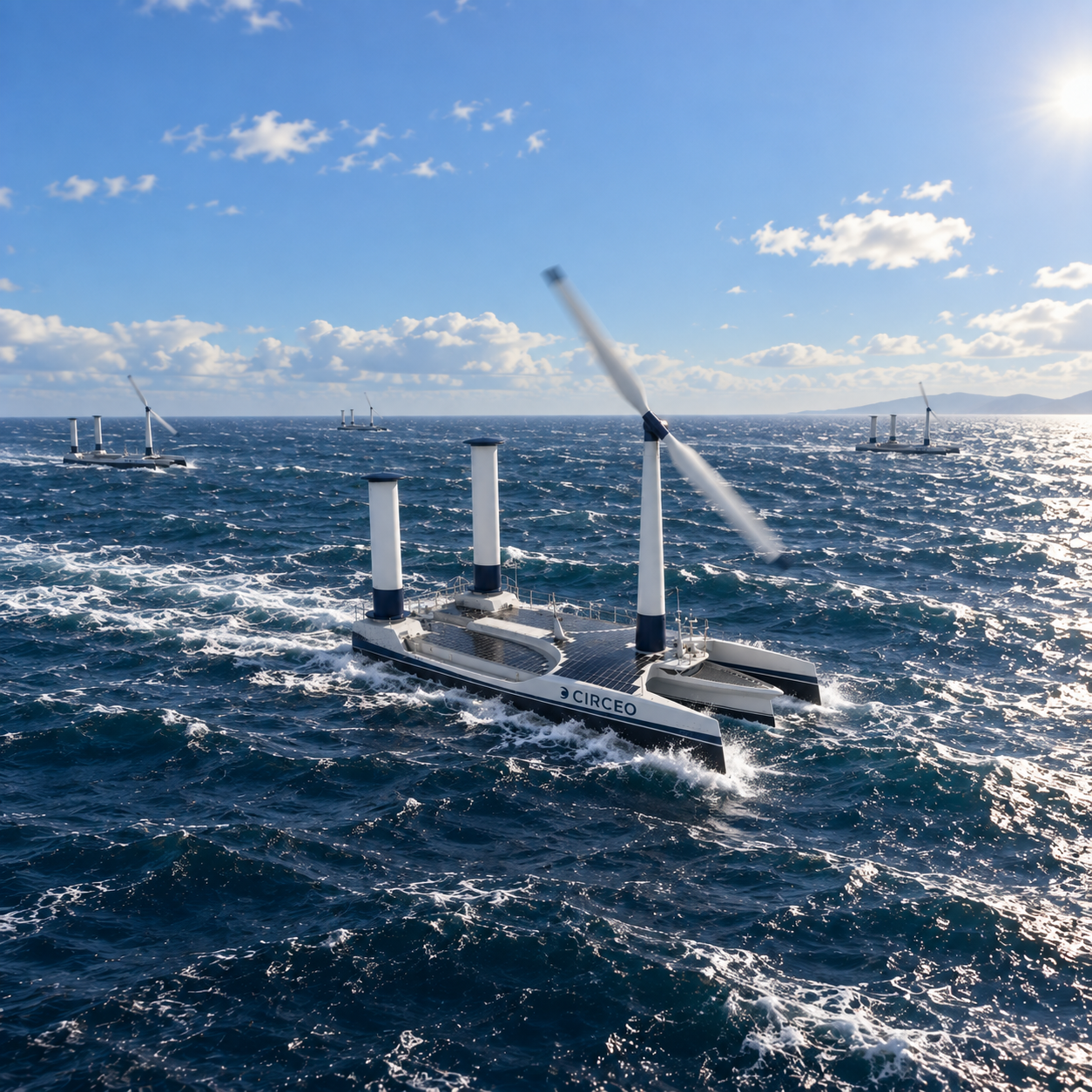 A fleet of CIRCEO wind-powered energy ships at sea